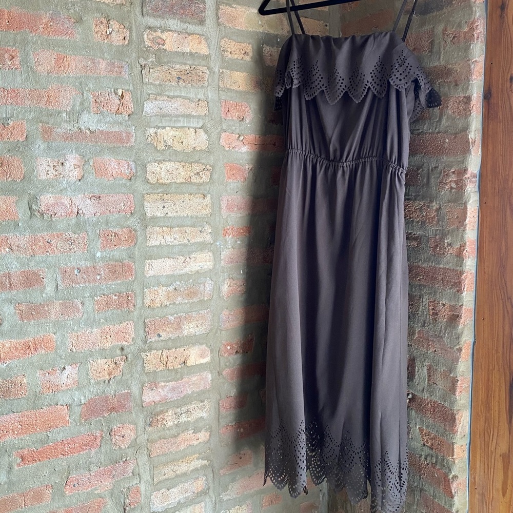 Kensie olive laser-cut spaghetti strap midi dress